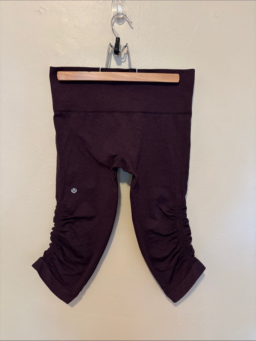lululemon athletica ruched capri shorts in deep burgundy